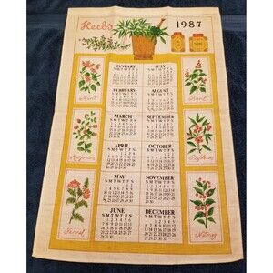 Vintage linen tea towel calendar herbs 1987 nos